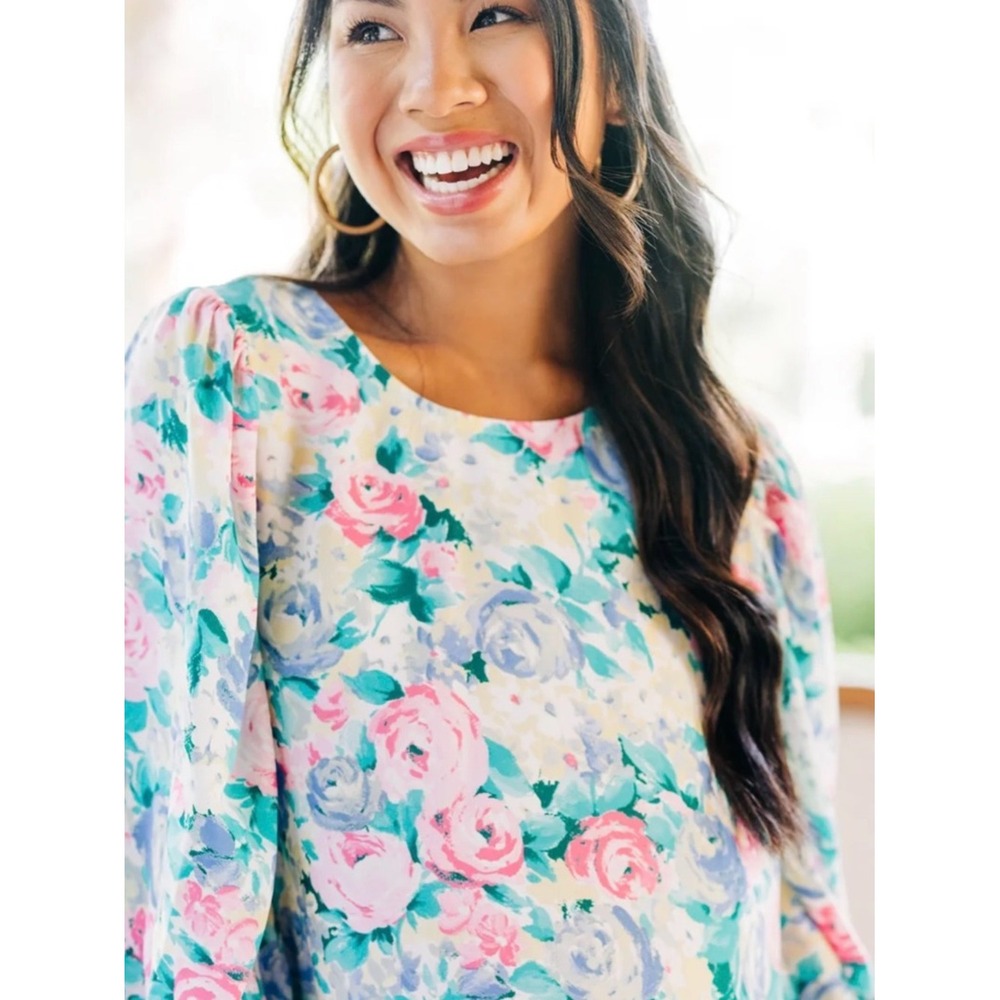 Andree‎ by Unit Floral Puff Sleeve Blouse Pink Teal Blue Watercolor Rose Top L - Picture 2 of 5